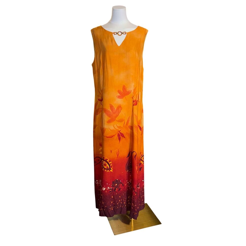 Stonebridge Vintage Maxi Dress Womens 16 Orange Red Floral Paisley Rayon Shift